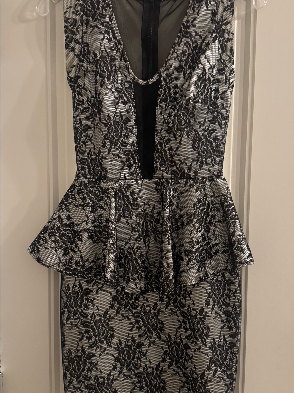 cameo Black Lace Overlay on Silver Peplum Midi Dress